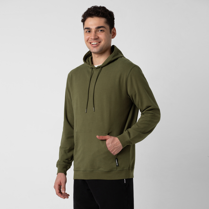 Lounge Hoodie Dark Olive side on model