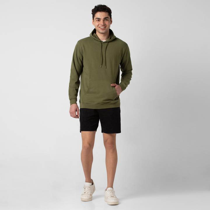 Lounge Hoodie Dark Olive full body on model