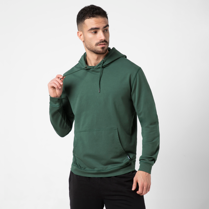 Lounge Hoodie Dark Sage front on model