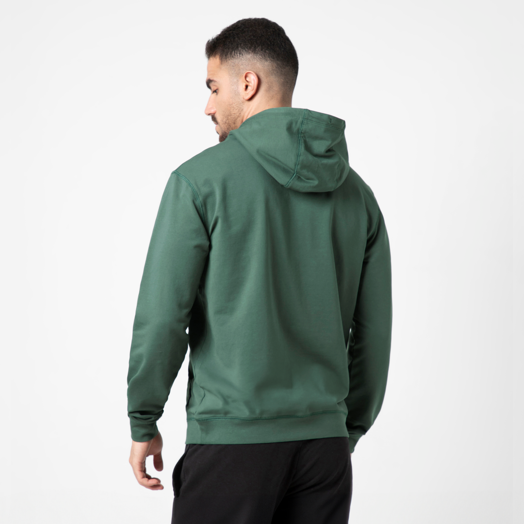 Lounge Hoodie Dark Sage back on model