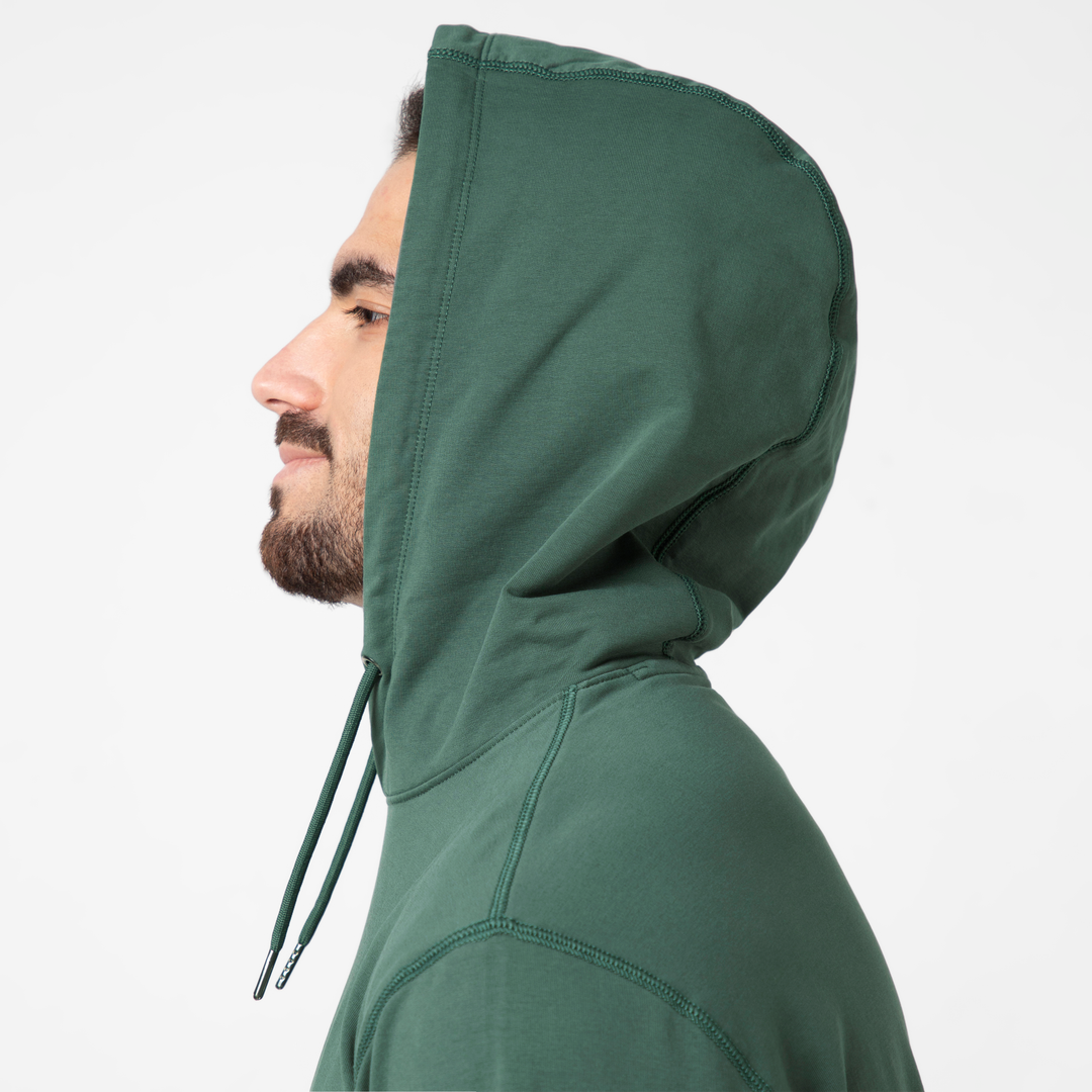 Lounge Hoodie Dark Sage close up hood on model