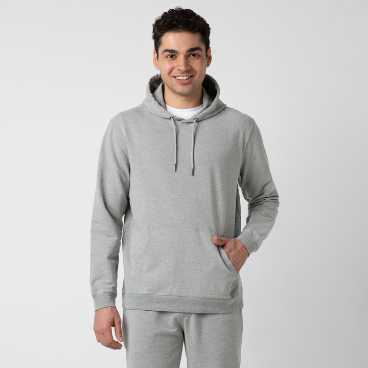 Lounge Hoodie Heather Grey front on model