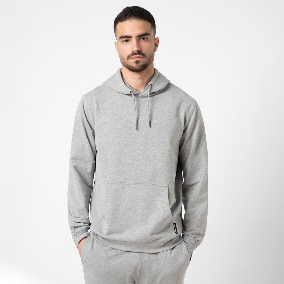 Lounge Hoodie Heather Grey front on model