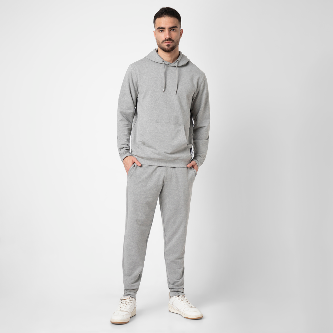 Lounge Hoodie Heather Grey full body on model