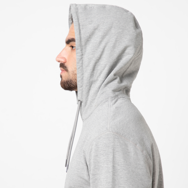 Lounge Hoodie Heather Grey hood up on model