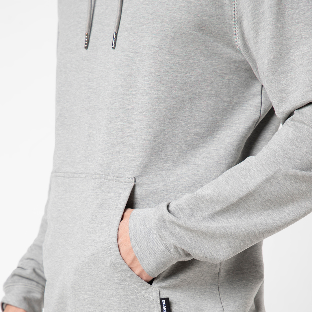 Lounge Hoodie Heather Grey close up left on model