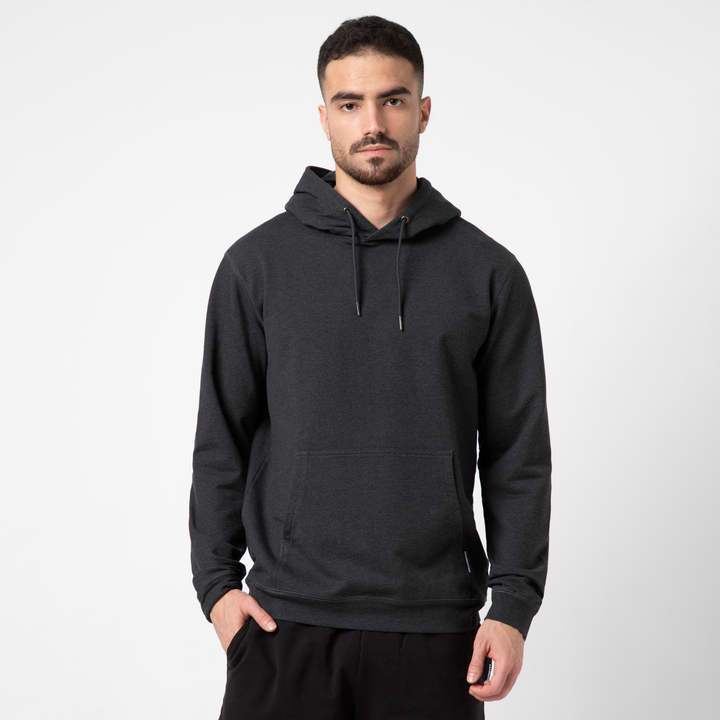 Lounge Hoodie Dark Heather Shadow front on model