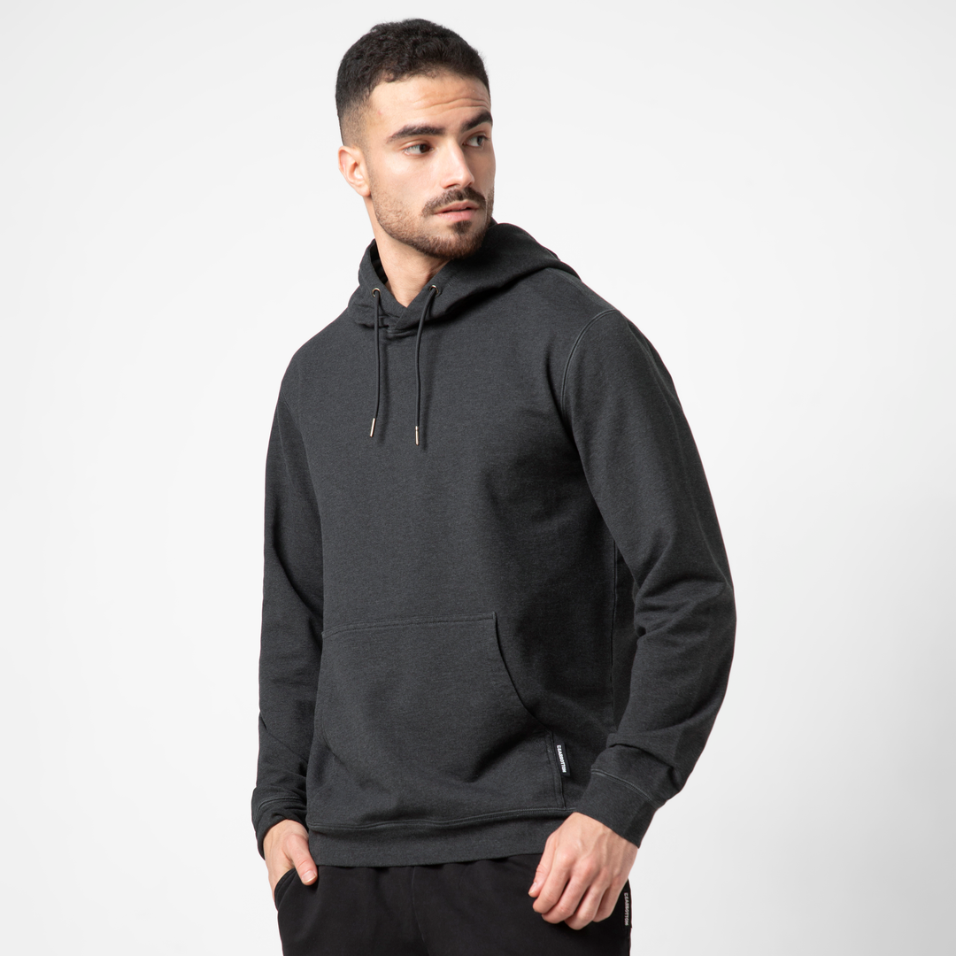 Lounge Hoodie Dark Heather Shadow side on model