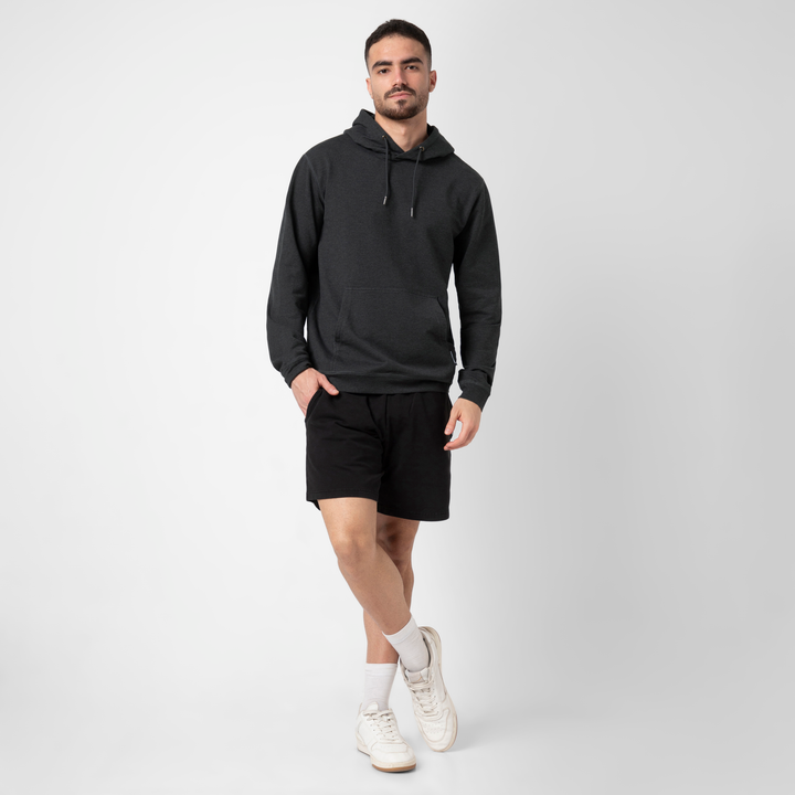 Lounge Hoodie Dark Heather Shadow full body on model