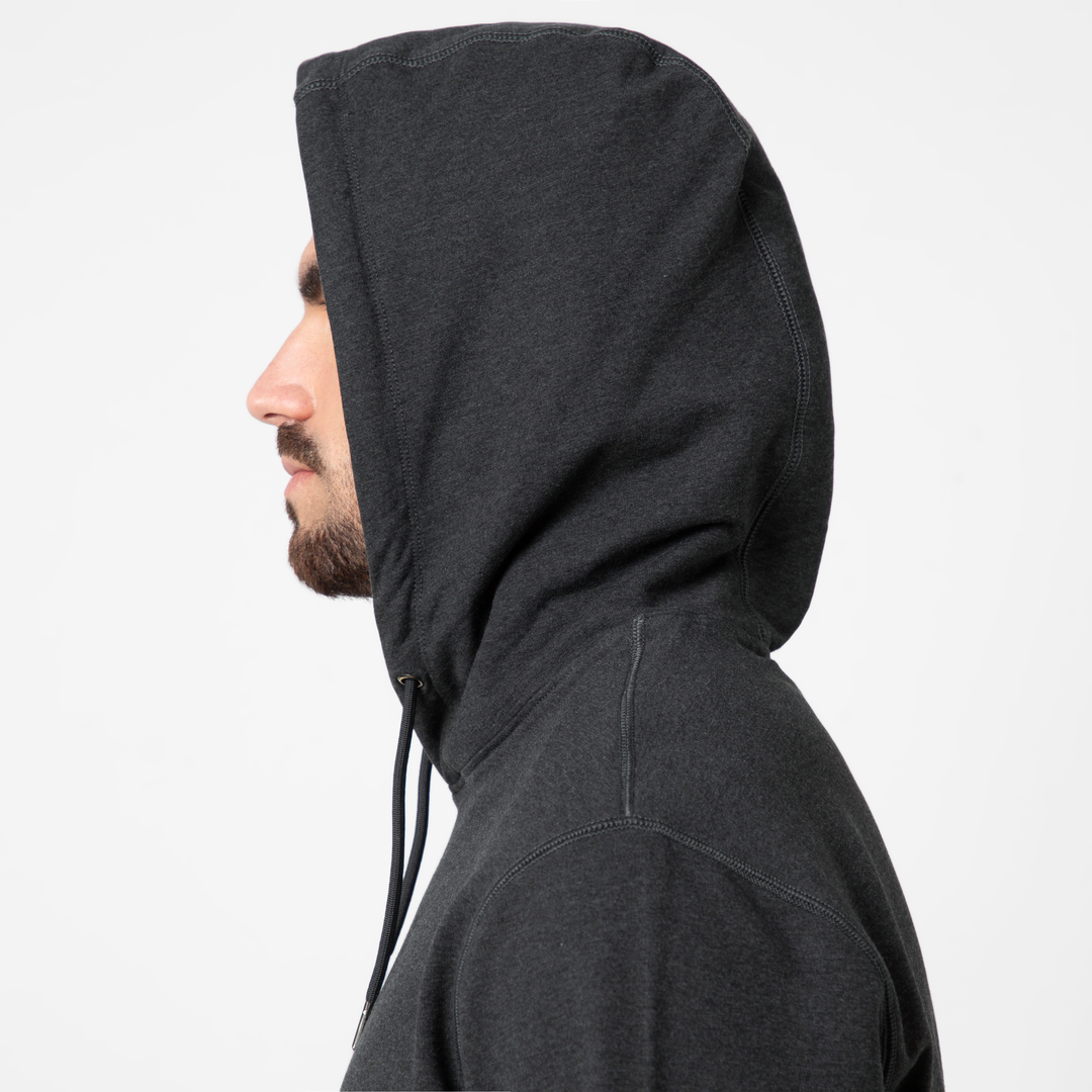 Lounge Hoodie Dark Heather Shadow close up hood on model