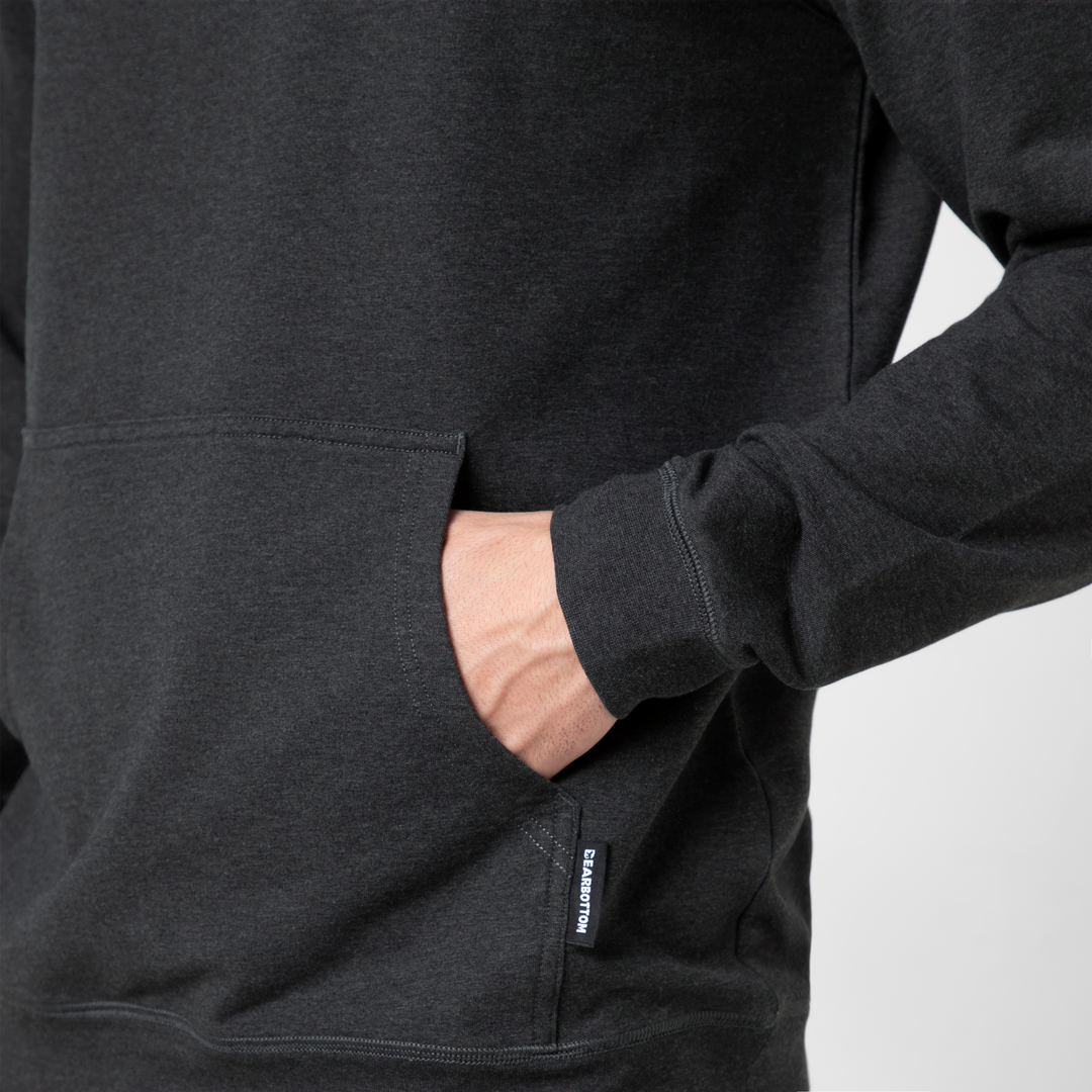 Lounge Hoodie Dark Heather Shadow close up front pocket on model