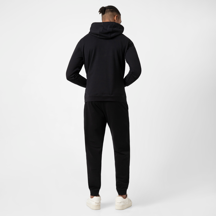 Lounge Jogger Black back full body on model with Lounge Hoodie Black