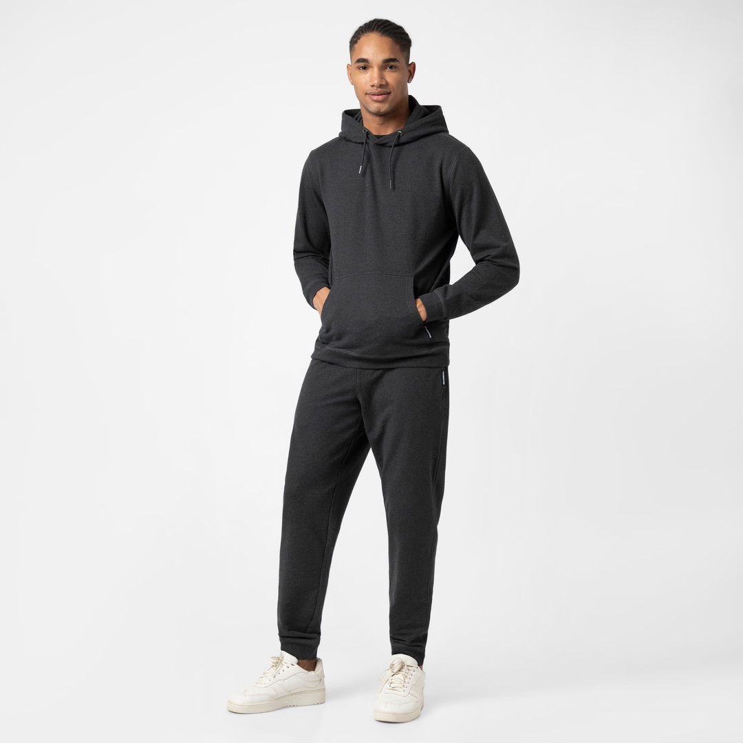 Lounge Jogger Heather Shadow full body on model with Lounge Hoodie Heather Shadow