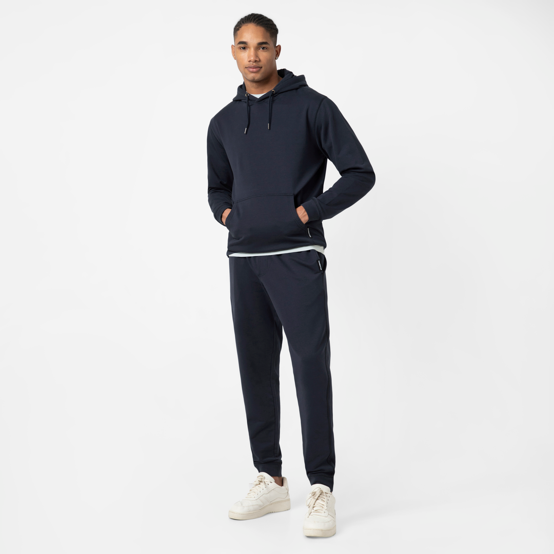 Lounge Jogger Navy full body on model with Lounge Hoodie Nay