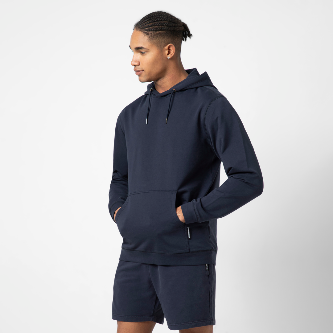 Lounge Hoodie Navy side on model