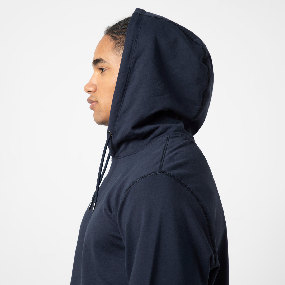 Lounge Hoodie Navy hood up on model