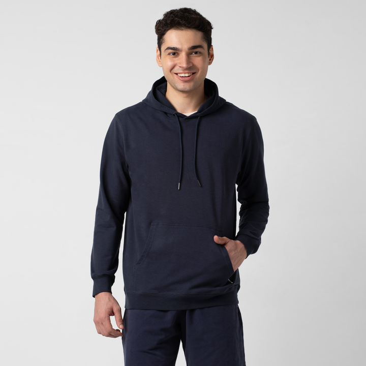 Lounge Hoodie Navy front on model