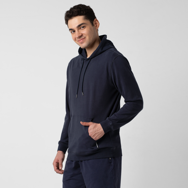 Lounge Hoodie Navy side on model