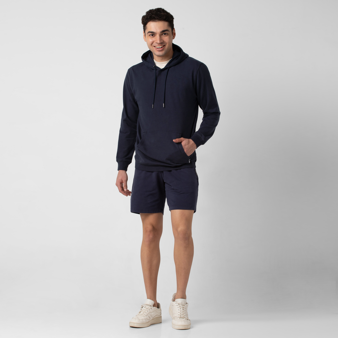 Lounge Hoodie Navy full body on model