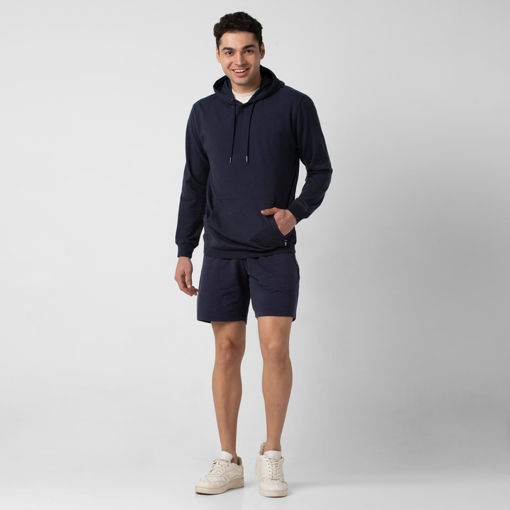 Lounge Hoodie Navy full body on model