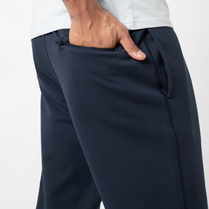 Lounge Jogger Navy close up back zipper pocket on model