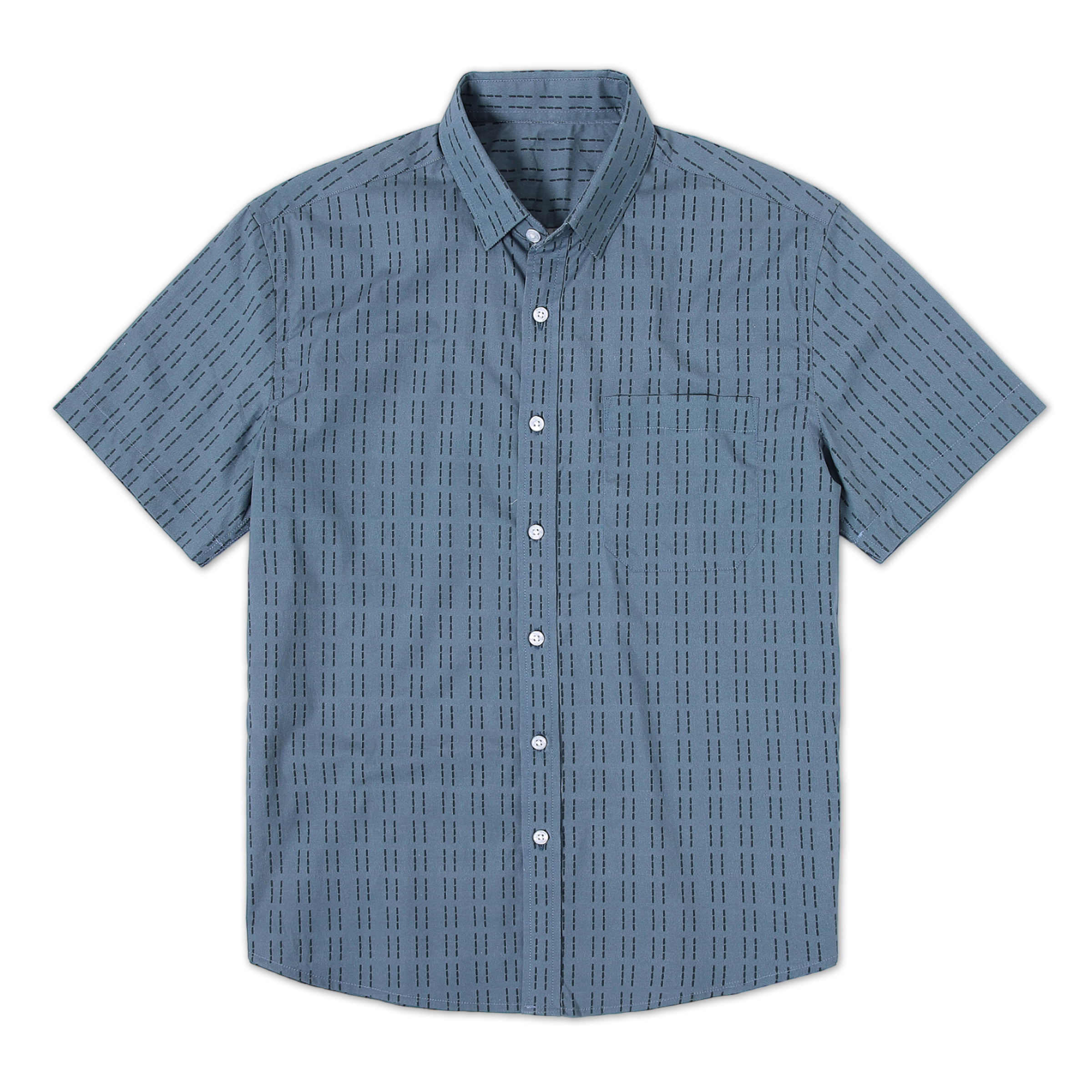 Marina Shirt Dash Blue front with white buttons, button collar, short sleeves and front left patch pocket