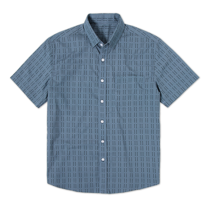 Marina Shirt Dash Blue front with white buttons, button collar, short sleeves and front left patch pocket