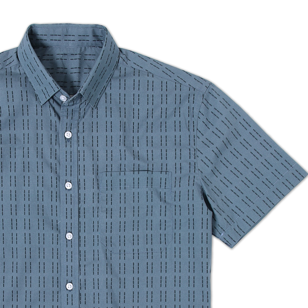 Cabana Shirt Dash Blue close up of collar and left front pocket