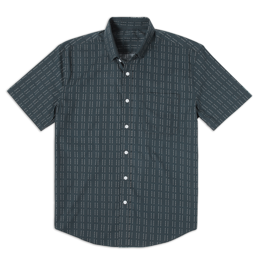 Marina Shirt Coal front with white buttons, button collar, short sleeves and front left patch pocket