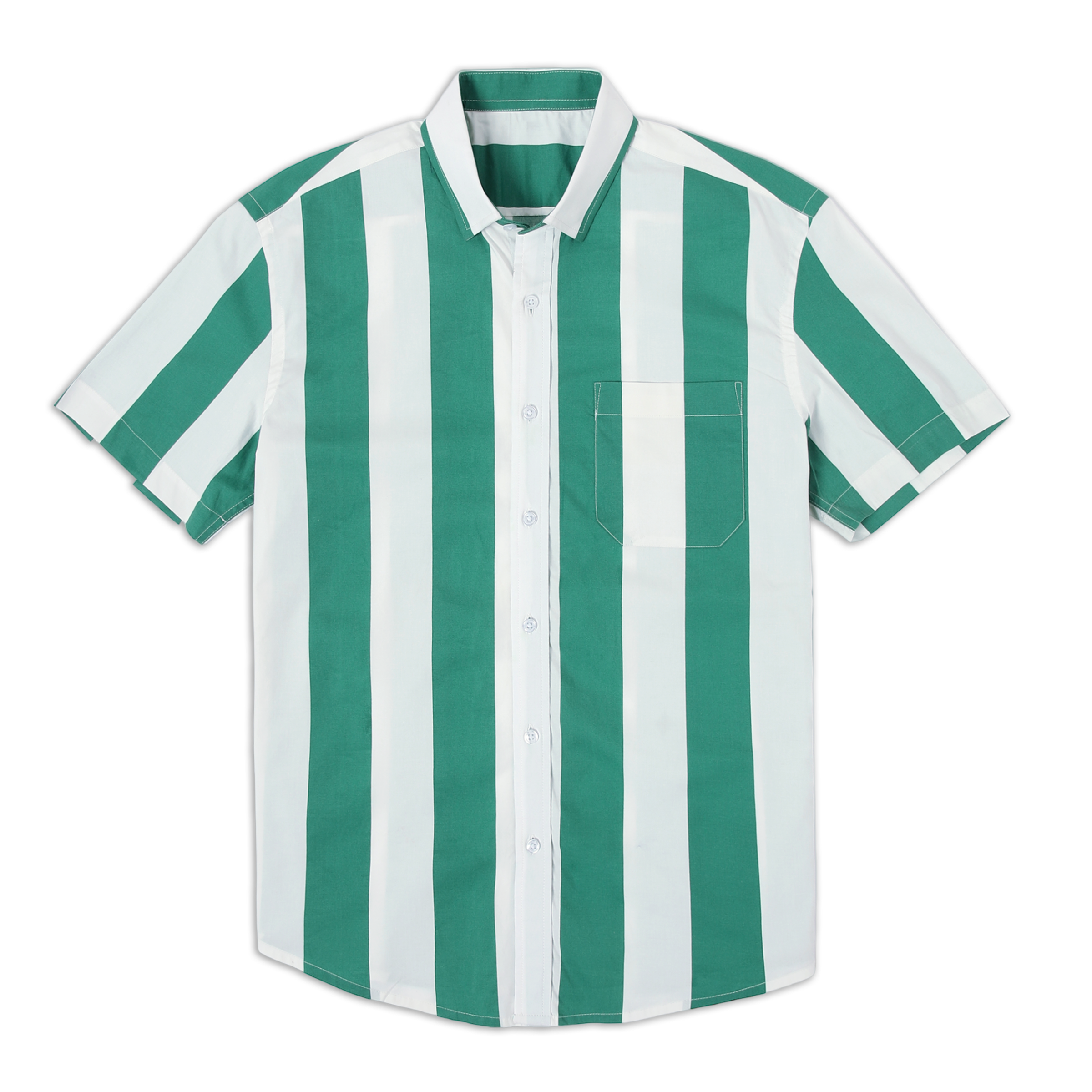Marina Shirt Green Stripe front with white buttons, button collar, short sleeves and front left patch pocket