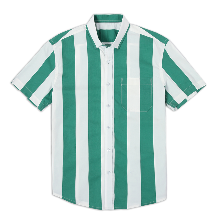Marina Shirt Green Stripe front with white buttons, button collar, short sleeves and front left patch pocket