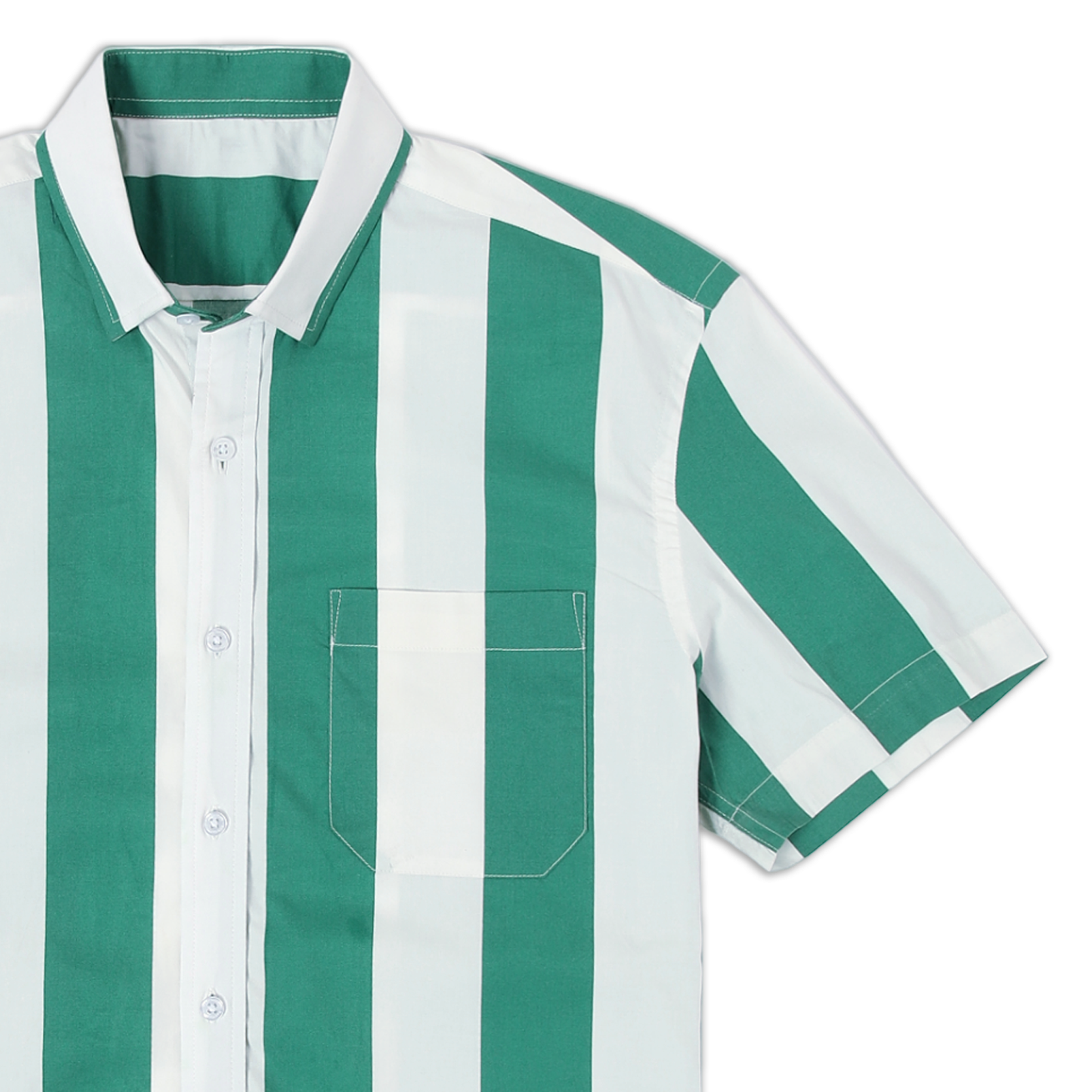 Cabana Shirt Green Stripe close up of collar and left front pocket