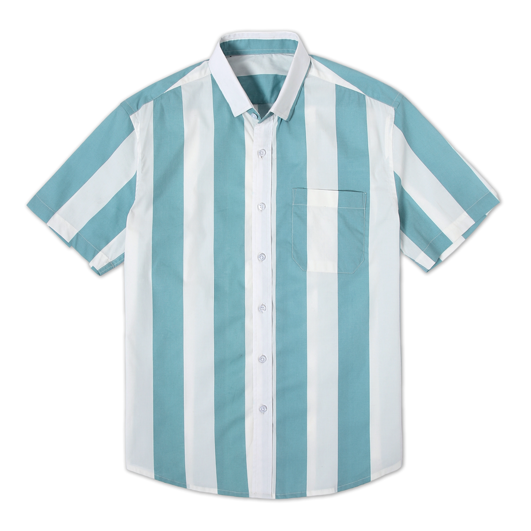 Marina Shirt Sky Stripe front with white buttons, button collar, short sleeves and front left patch pocket
