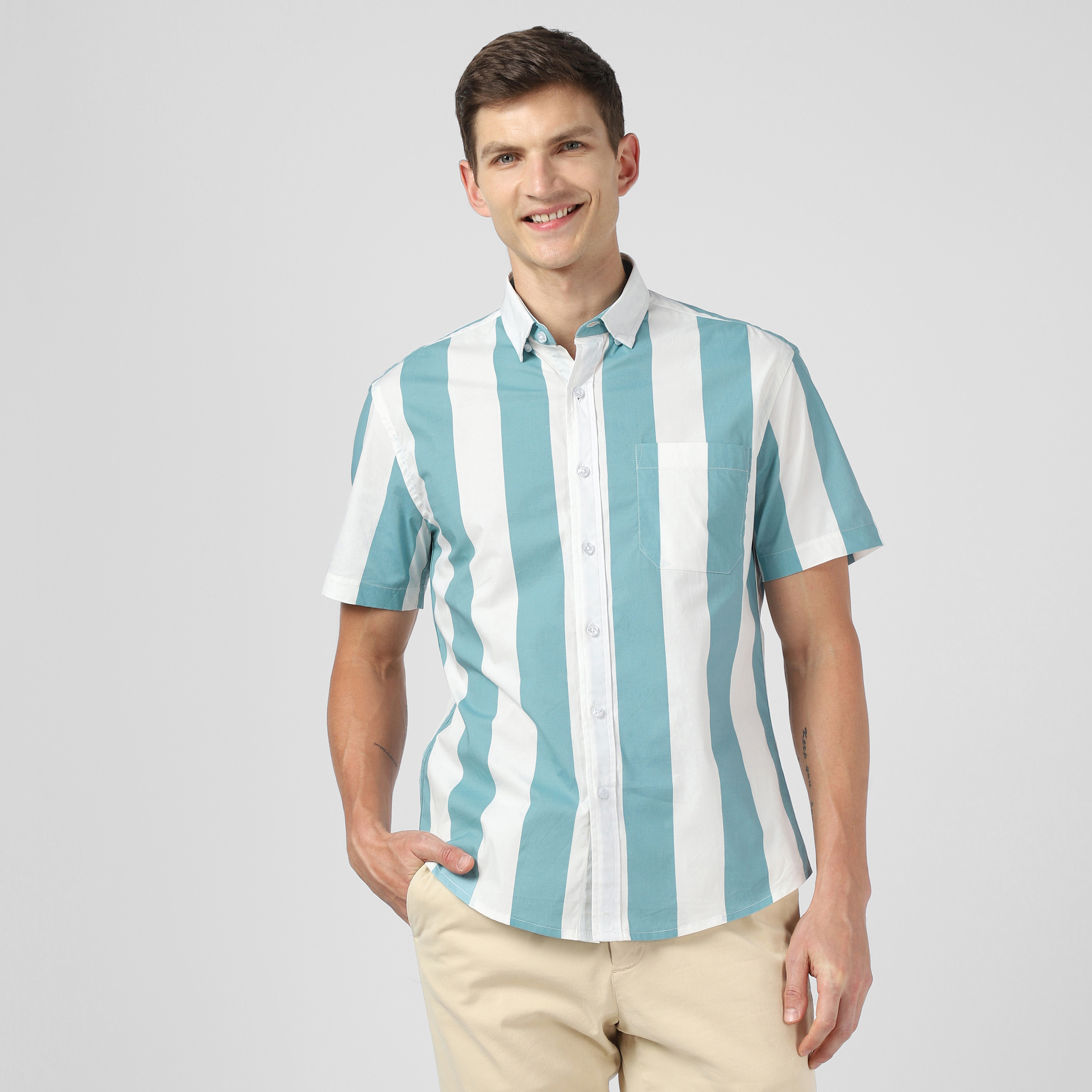 Marina Shirt Sky Stripe front on model