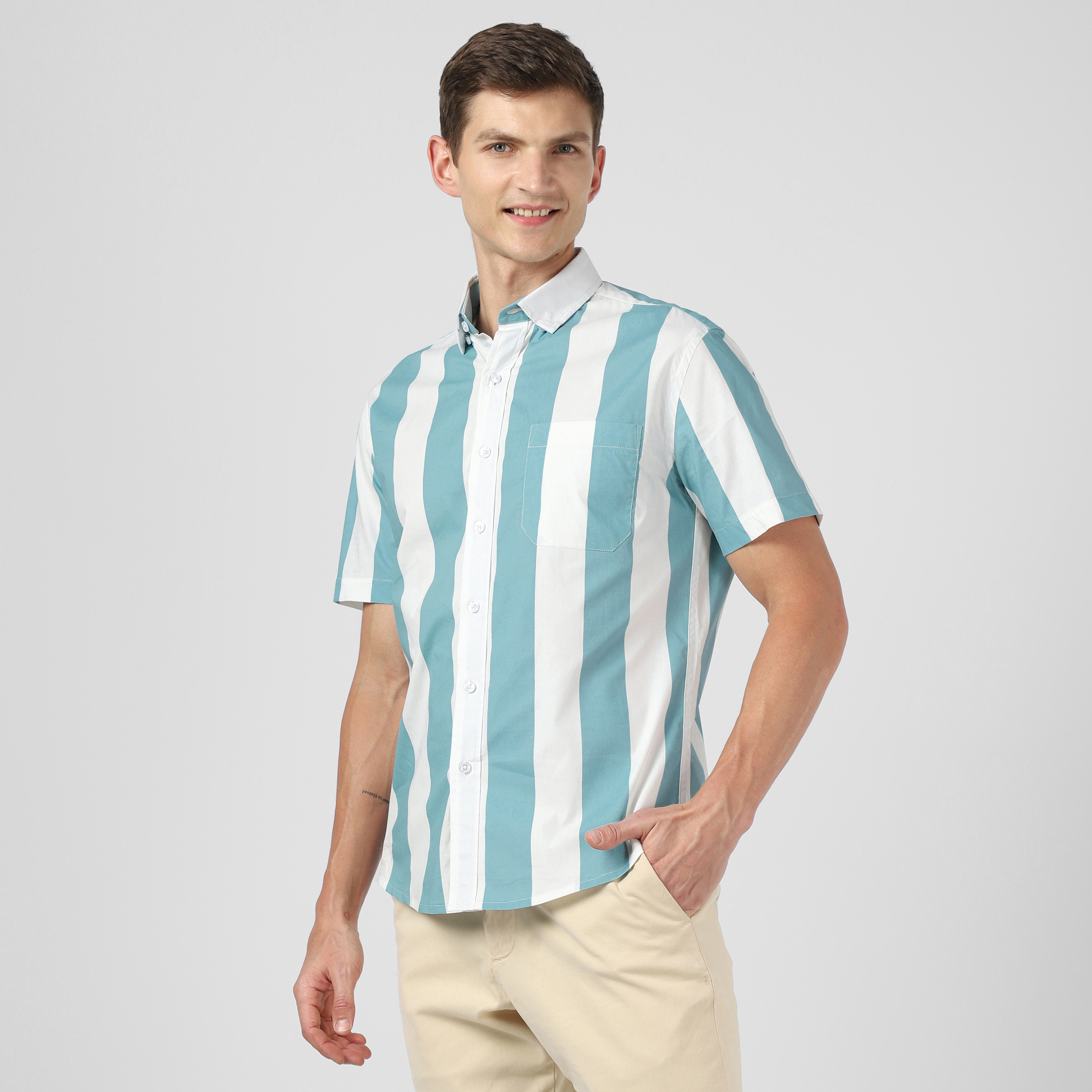Marina Shirt Sky Stripe left side on model