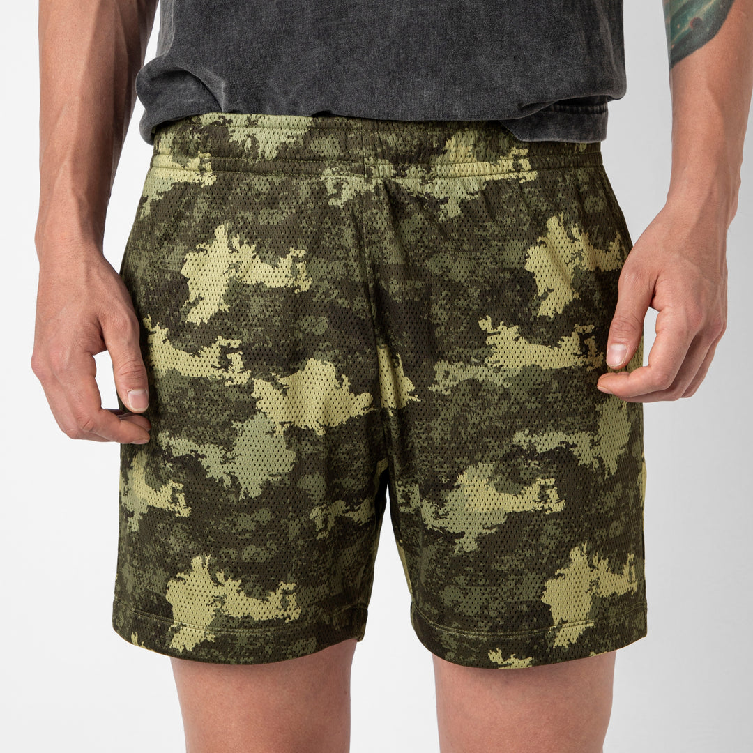 Mesh Short Camo Tree close up on model