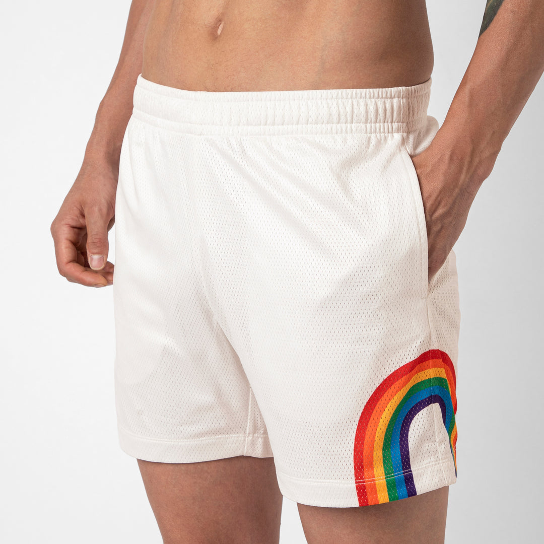 Mesh Short Pride close up on model