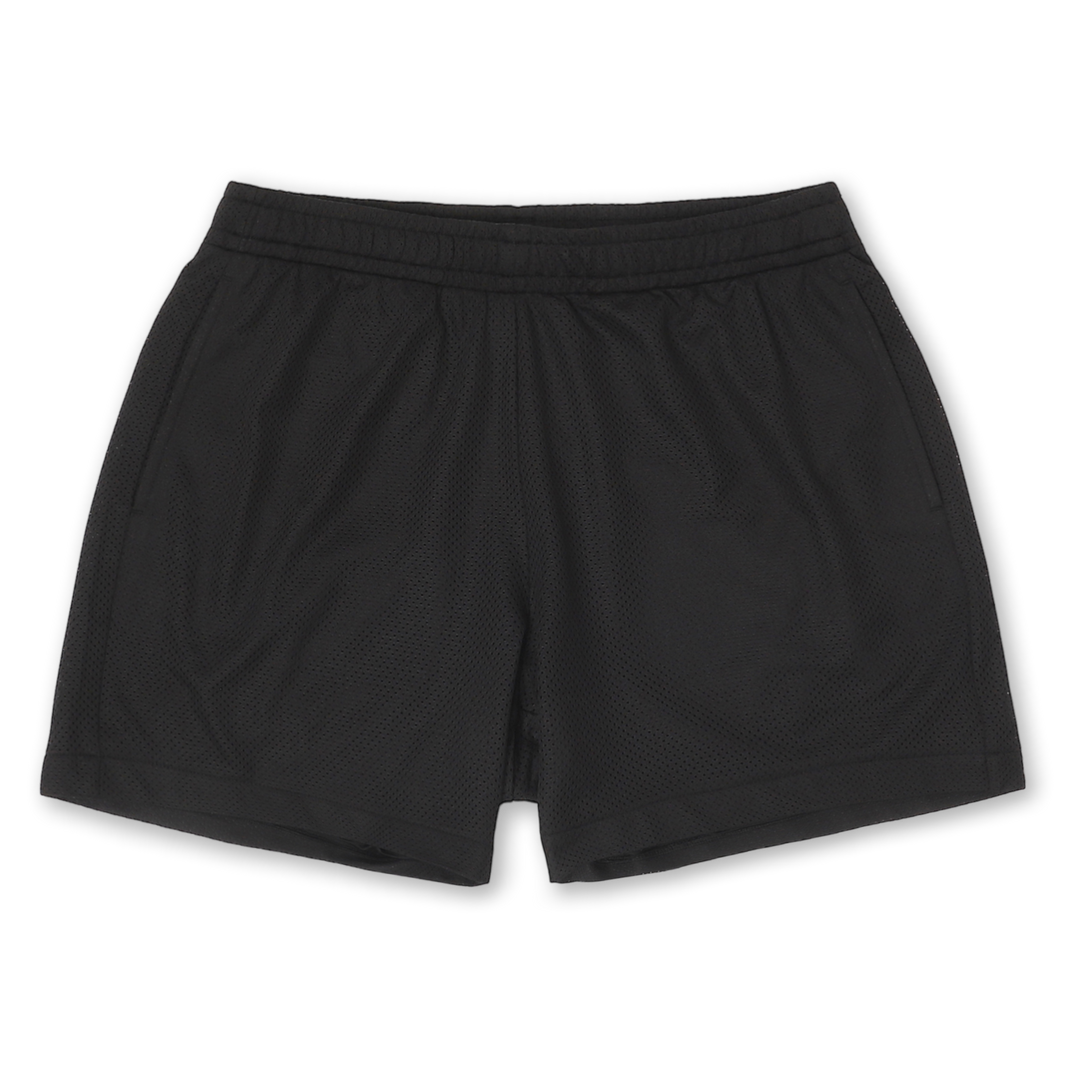 Mesh Short 5.5" Black with elastic waistband, two side seam pockets, and black drawstring