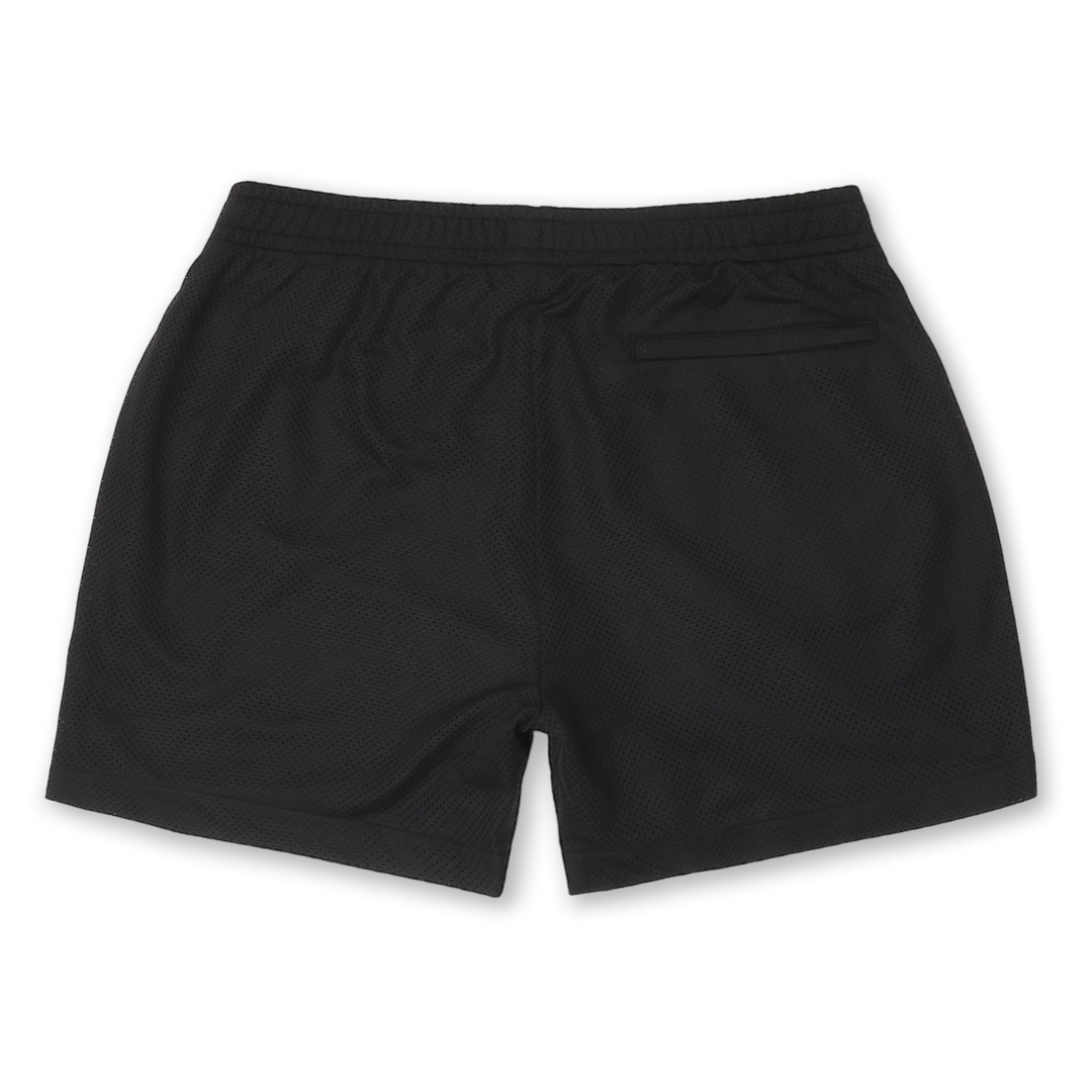 Mesh Short 5.5" Black back with elastic waistband and back right hidden zipper pocket