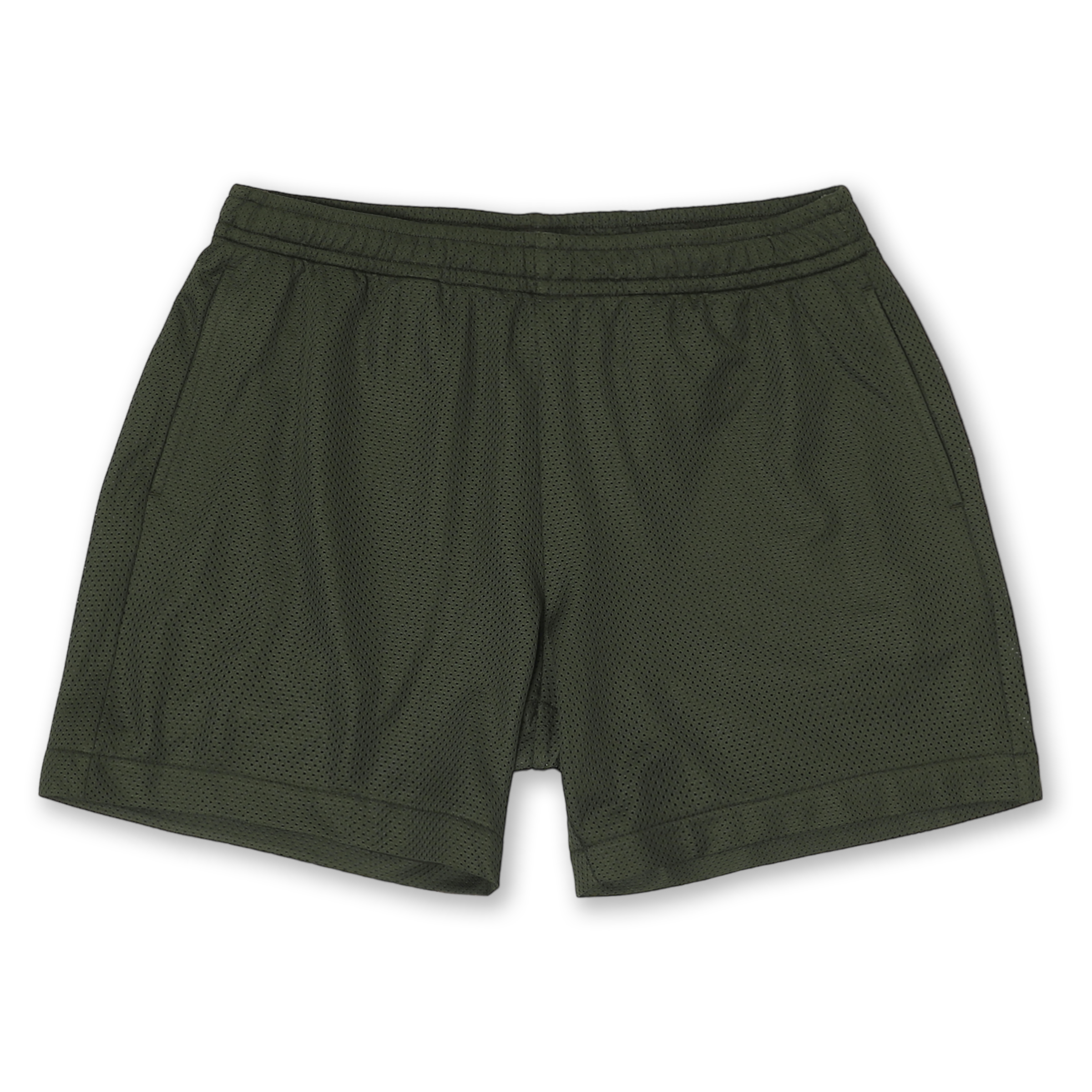 Mesh Short 5.5" Military Green with elastic waistband, two side seam pockets, and black drawstring