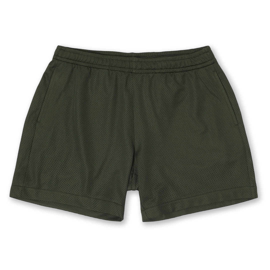 Mesh Short 5.5" Military Green with elastic waistband, two side seam pockets, and black drawstring