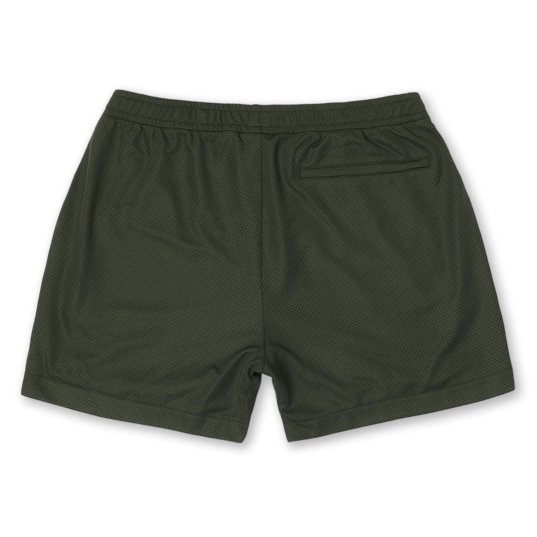 Mesh Short 5.5" Military Green back with elastic waistband and back right hidden zipper pocket
