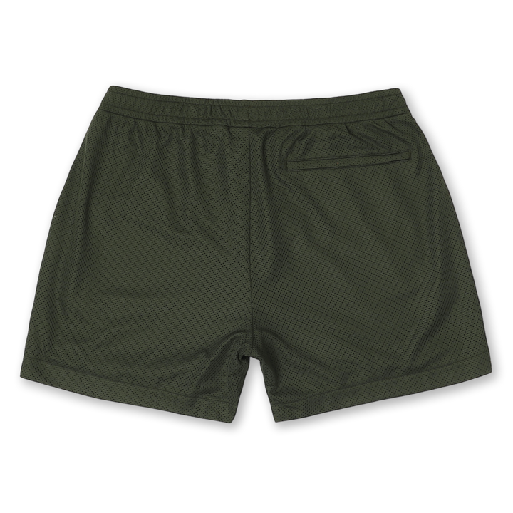 Mesh Short 5.5" Military Green back with elastic waistband and back right hidden zipper pocket