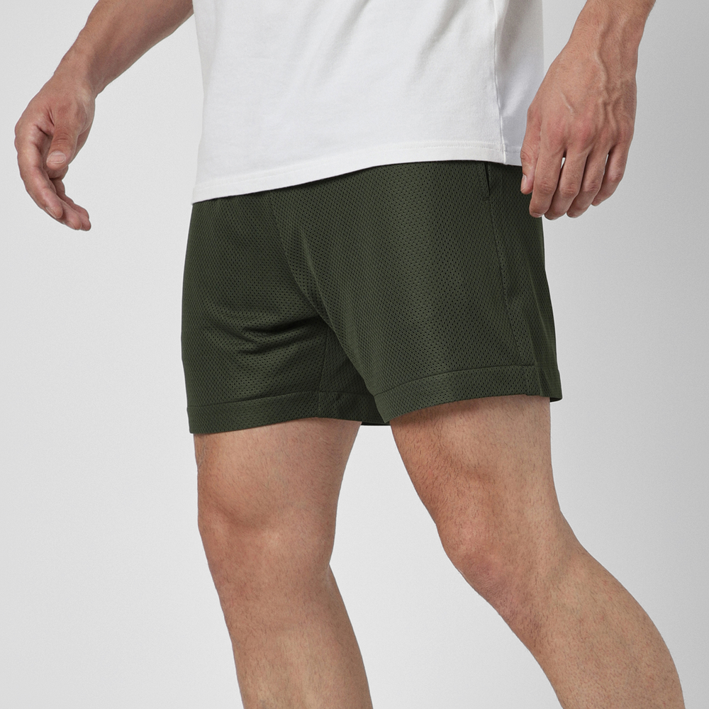 Mesh Short 5.5" Military Green left side on model