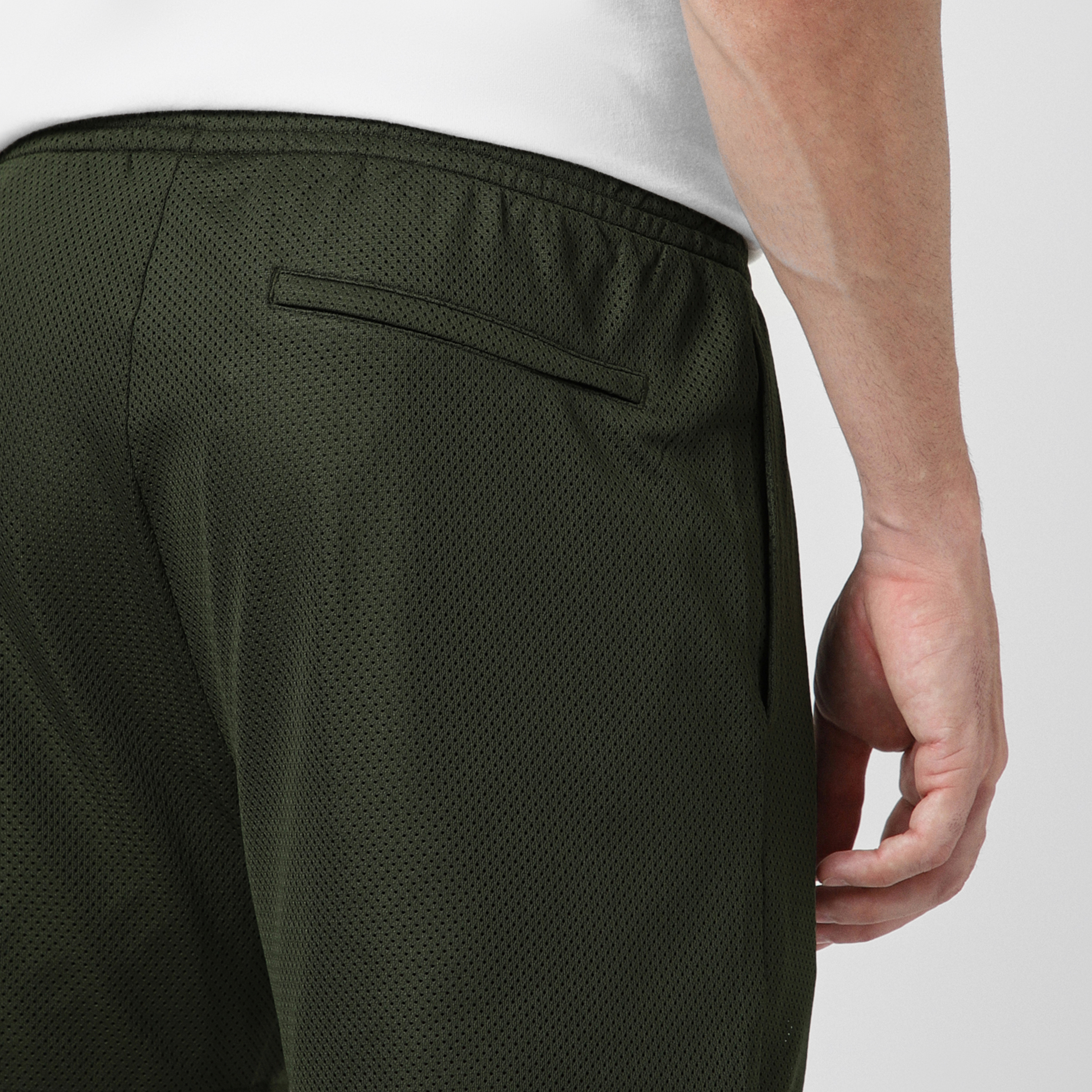 Mesh Short 5.5" Military Green close up back zipper pocket