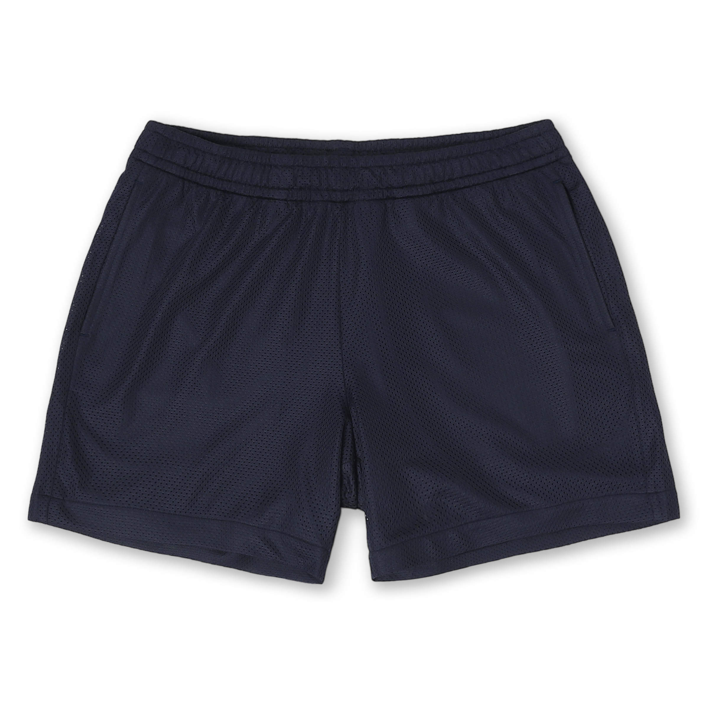 Mesh Short 5.5" Navy with elastic waistband, two side seam pockets, and black drawstring