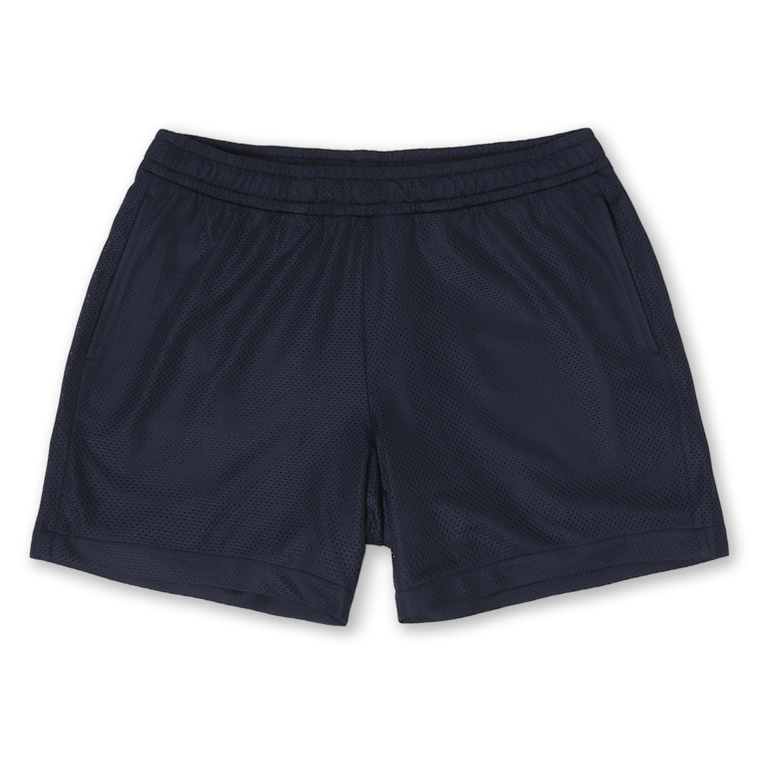 Mesh Short 5.5" Navy with elastic waistband, two side seam pockets, and black drawstring