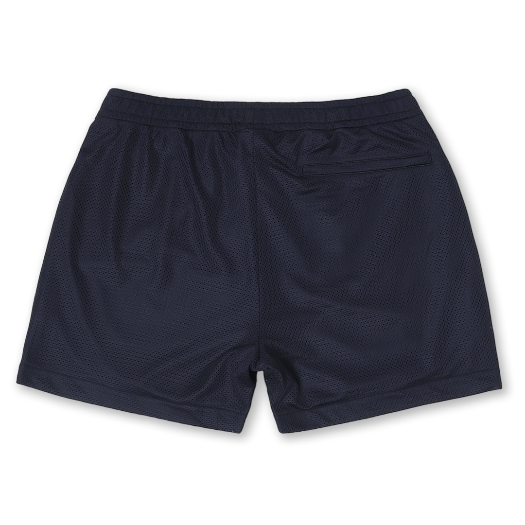 Mesh Short 5.5" Navy back with elastic waistband and back right hidden zipper pocket