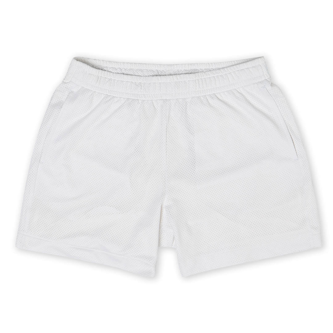 Mesh Short 5.5" White with elastic waistband, two side seam pockets, and black drawstring