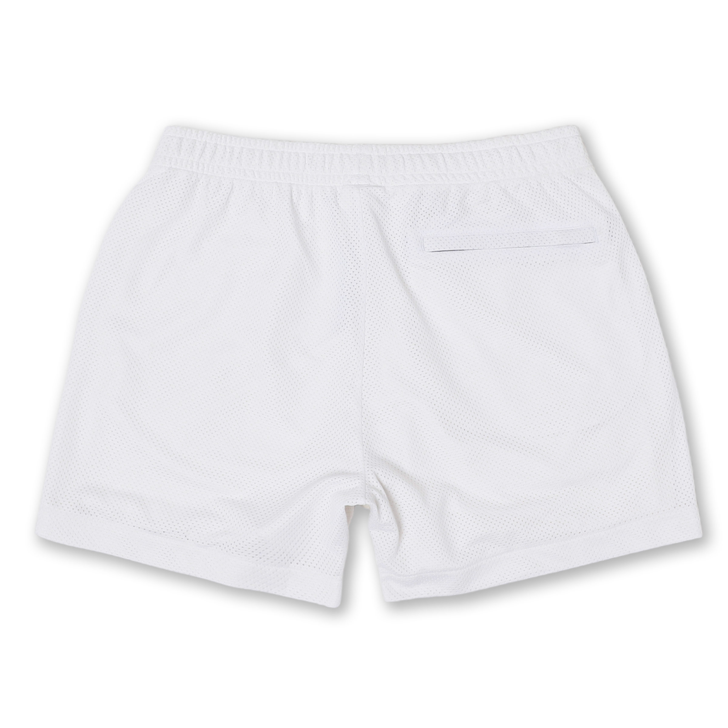 Mesh Short 5.5" White back with elastic waistband and back right hidden zipper pocket